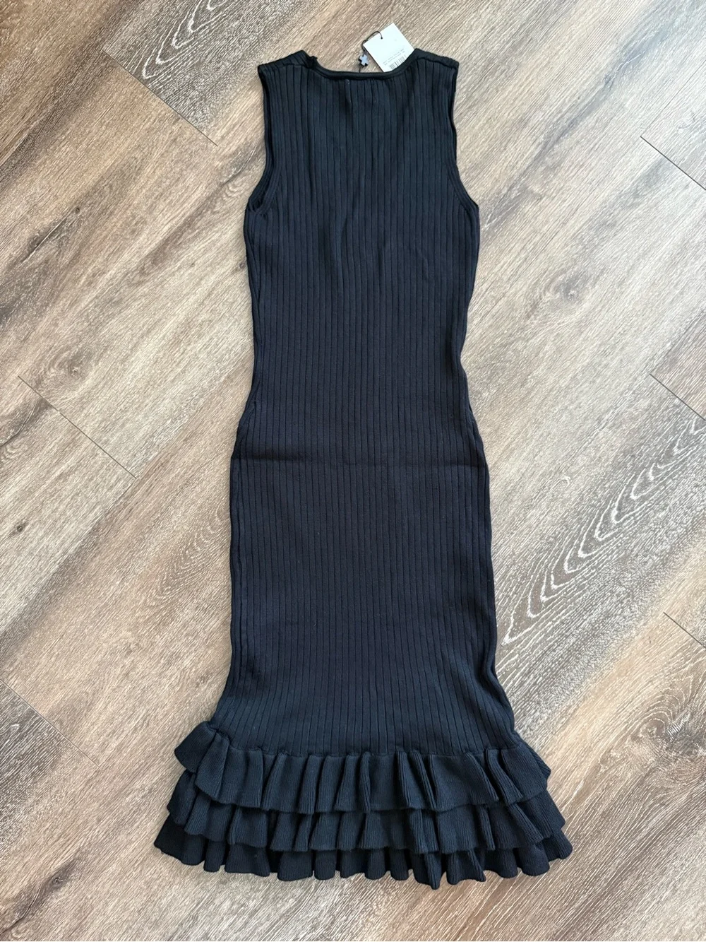 NWT J+L John + Jenn Black Rib Knit Ruffle Hem Sweater Dress XS | Stretch Midi